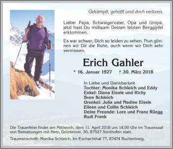 Traueranzeige von Erich Gahler von Allgäuer Zeitung,Kempten