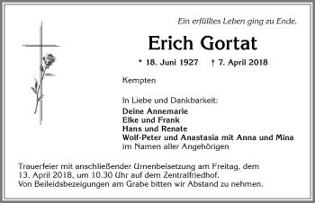 Traueranzeige von Erich Gortat von Allgäuer Zeitung,Kempten