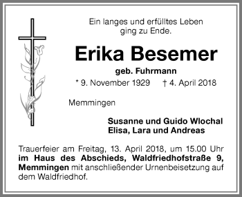 Traueranzeige von Erika Besemer von Memminger Zeitung