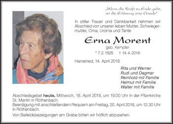 Traueranzeige von Erna Morent von Der Westallgäuer