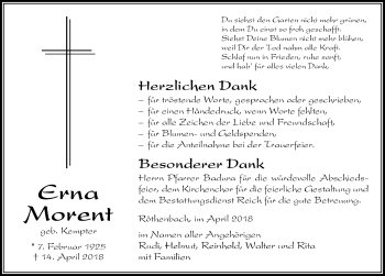 Traueranzeige von Erna Morent von Der Westallgäuer