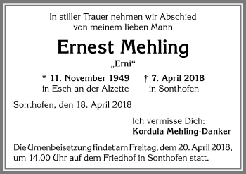 Traueranzeige von Ernest Mehling von Allgäuer Anzeigeblatt