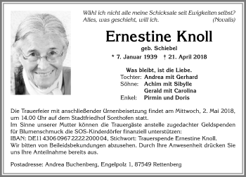 Traueranzeige von Ernestine Knoll von Allgäuer Anzeigeblatt