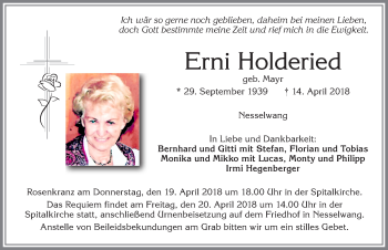 Traueranzeige von Erni Holderied von Allgäuer Zeitung, Füssen