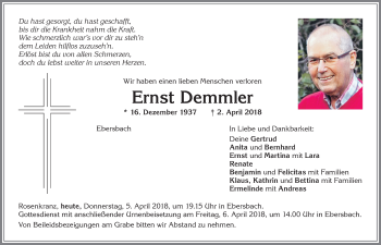 Traueranzeige von Ernst Demmler von Allgäuer Zeitung, Marktoberdorf