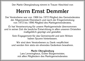 Traueranzeige von Ernst Demmler von Allgäuer Zeitung, Marktoberdorf