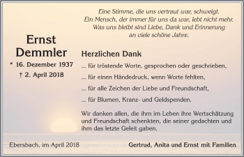 Traueranzeige von Ernst Demmler von Allgäuer Zeitung, Marktoberdorf