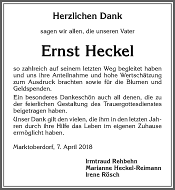 Traueranzeige von Ernst Heckel von Allgäuer Zeitung, Marktoberdorf