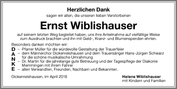 Traueranzeige von Ernst Wiblishauser von Memminger Zeitung
