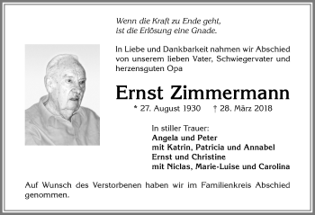 Traueranzeige von Ernst Zimmermann von Allgäuer Zeitung,Kempten