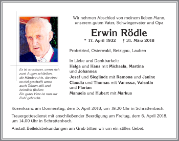 Traueranzeige von Erwin Rödle von Allgäuer Zeitung,Kempten