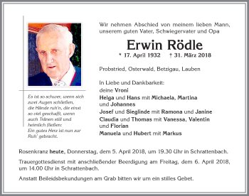 Traueranzeige von Erwin Rödle von Allgäuer Zeitung,Kempten