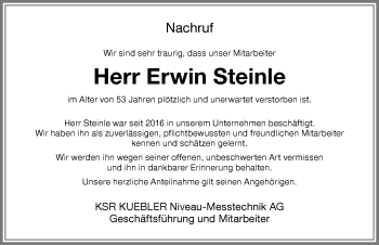 Traueranzeige von Erwin Steinle von Memminger Zeitung