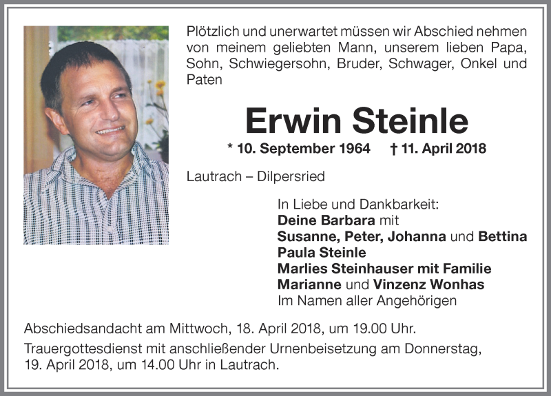  Traueranzeige für Erwin Steinle vom 16.04.2018 aus Memminger Zeitung