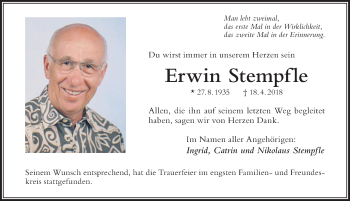 Traueranzeige von Erwin Stempfe von Der Westallgäuer