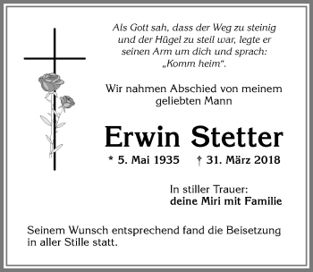 Traueranzeige von Erwin Stetter von Allgäuer Zeitung,Kempten