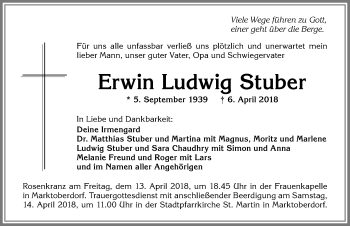 Traueranzeige von Erwin Ludwig Stuber von Allgäuer Zeitung, Marktoberdorf