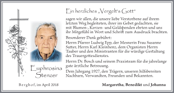 Traueranzeige von Euphrosina Stenzer von Allgäuer Zeitung, Füssen
