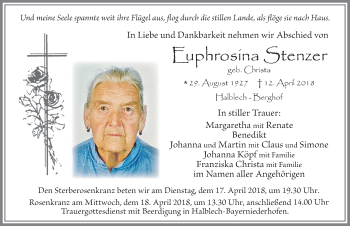Traueranzeige von Euphrosina Stenzer von Allgäuer Zeitung, Füssen