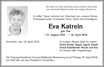 Traueranzeige von Eva Katrein von Allgäuer Anzeigeblatt