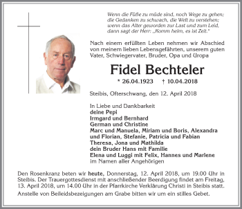 Traueranzeige von Fidel Bechteler von Allgäuer Anzeigeblatt