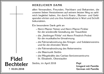 Traueranzeige von Fidel Bechteler von Allgäuer Anzeigeblatt
