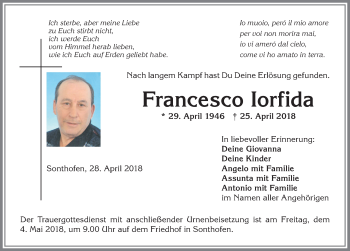 Traueranzeige von Francesco Iorfida von Allgäuer Anzeigeblatt