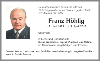 Traueranzeige von Franz Höhlig von Allgäuer Anzeigeblatt