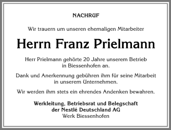 Traueranzeige von Franz Prielmann von Allgäuer Zeitung