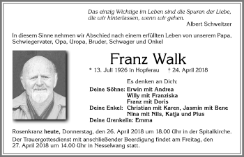Traueranzeige von Franz Walk von Allgäuer Zeitung