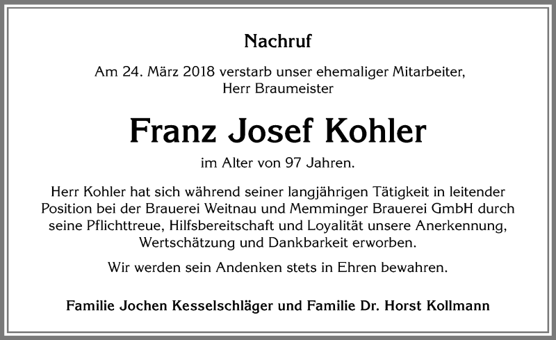  Traueranzeige für Franz Josef Kohler vom 12.04.2018 aus Allgäuer Zeitung,Kempten