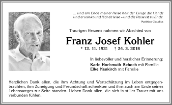 Traueranzeige von Franz Josef Kohler von Allgäuer Zeitung,Kempten