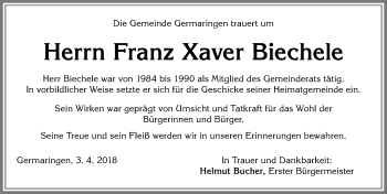 Traueranzeige von Franz Xaver Biechele von Allgäuer Zeitung, Kaufbeuren/Buchloe