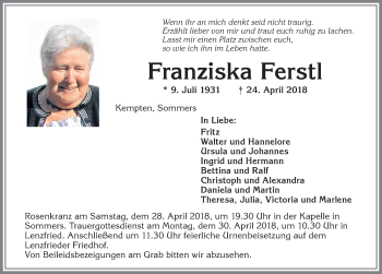 Traueranzeige von Franziska Ferstl von Allgäuer Zeitung,Kempten