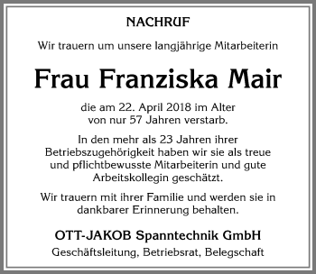Traueranzeige von Franziska Mair von Allgäuer Zeitung, Marktoberdorf