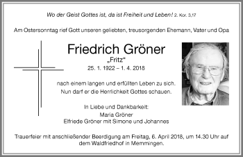 Traueranzeige von Friedrich Gröner von Memminger Zeitung