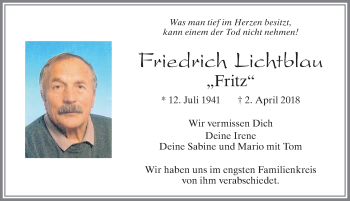 Traueranzeige von Friedrich Lichtblau von Allgäuer Zeitung, Füssen