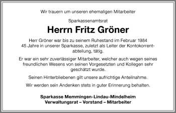 Traueranzeige von Fritz Gröner von Memminger Zeitung