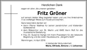 Traueranzeige von Fritz Gröner von Memminger Zeitung