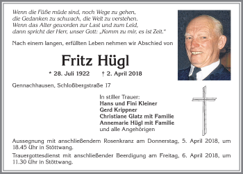 Traueranzeige von Fritz Hügl von Allgäuer Zeitung, Kaufbeuren/Buchloe
