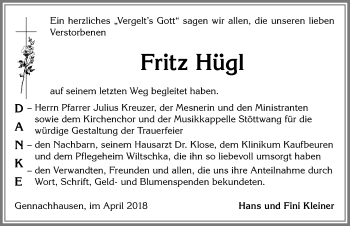 Traueranzeige von Fritz Hügl von Allgäuer Zeitung, Kaufbeuren/Buchloe