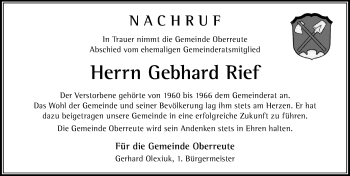 Traueranzeige von Gebhard Rief von Der Westallgäuer