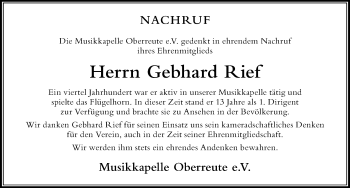 Traueranzeige von Gebhard Rief von Der Westallgäuer