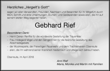 Traueranzeige von Gebhard Rief von Der Westallgäuer