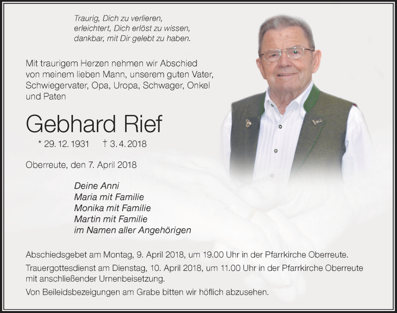 Traueranzeige für Gebhard Rief vom 07.04.2018 aus Der Westallgäuer