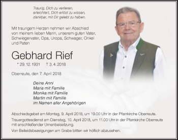 Traueranzeige von Gebhard Rief von Der Westallgäuer