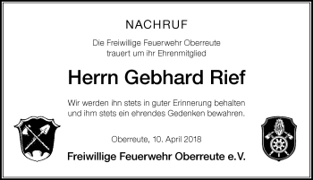 Traueranzeige von Gebhard Rief von Der Westallgäuer
