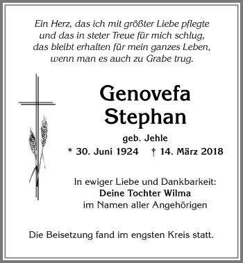 Traueranzeige von Genofeva Stephan von Allgäuer Zeitung, Kaufbeuren/Buchloe
