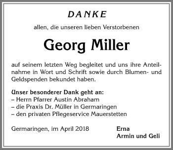 Traueranzeige von Georg Miller von Allgäuer Zeitung, Kaufbeuren/Buchloe