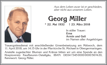 Traueranzeige von Georg Miller von Allgäuer Zeitung, Kaufbeuren/Buchloe